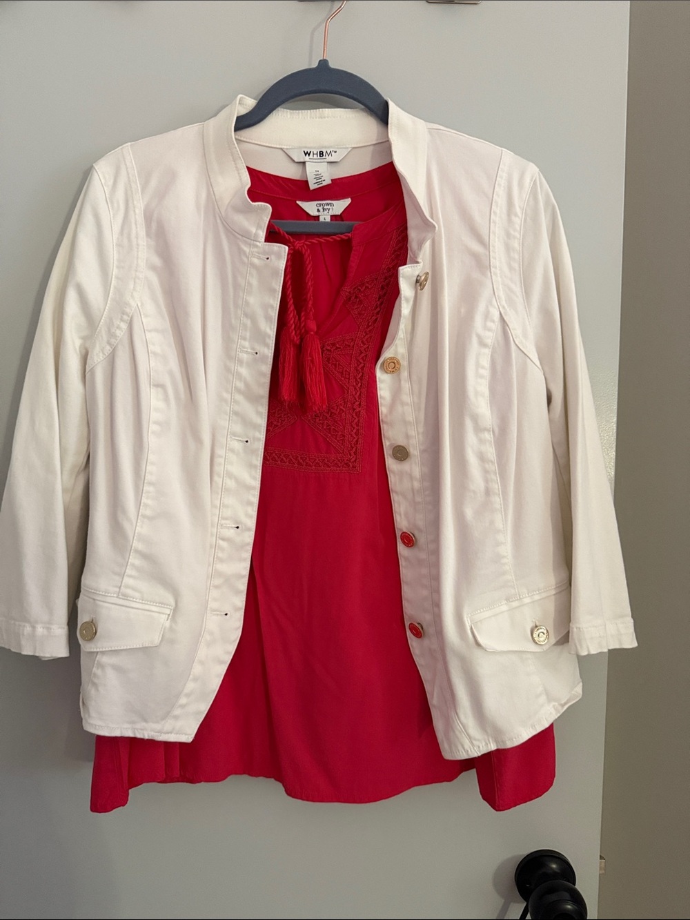 White House Black Market White Collarless Jacket with Pink Top